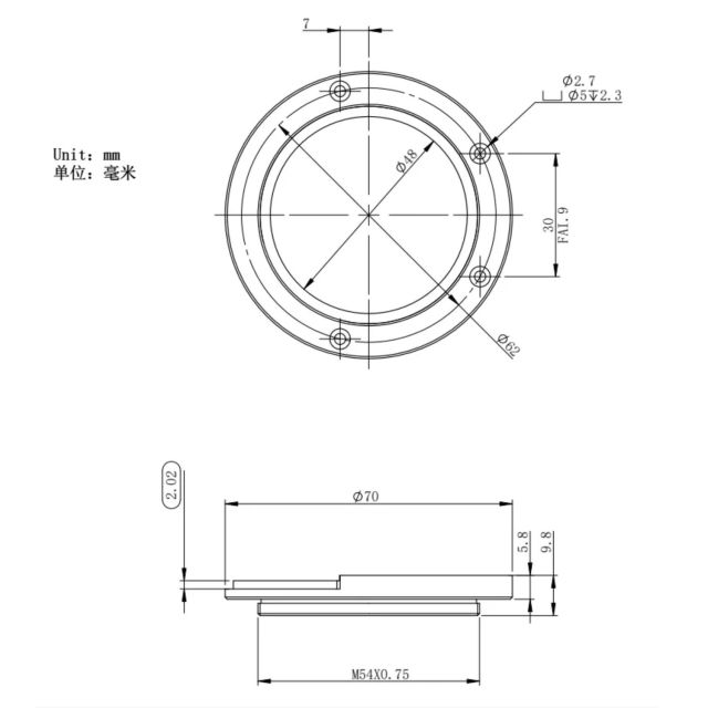 Bague adaptatrice M54 mâle pour Support-filtres à tiroirs ZWFD-EOS, ZWFD-NIKON et ZWFD-M42-II - ZWO Bagues adaptatrices