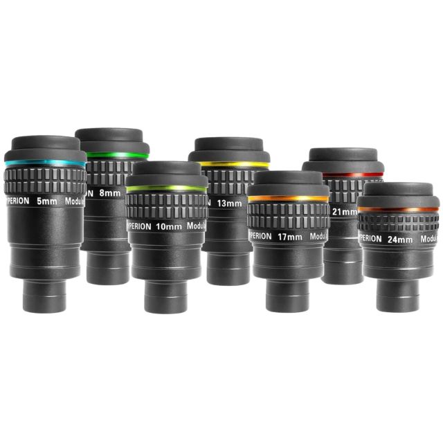 Lot de 7 oculaires 5mm + 8mm + 10mm + 13mm + 17mm + 21mm + 24mm 68° Hyperion avec valise - Baader 26. Oculaires Hypérion