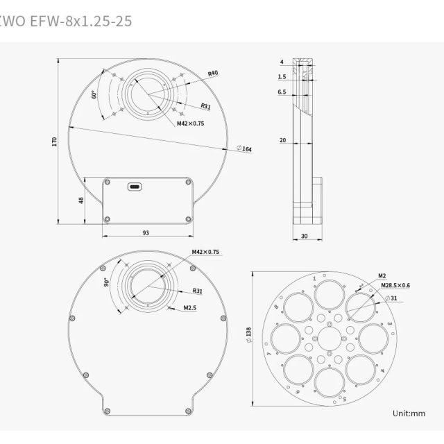 Roue à filtres 8x31,75mm (M28) - motorisée EFW v25 - ZWO Roues à filtres et supports filtres à tiroirs