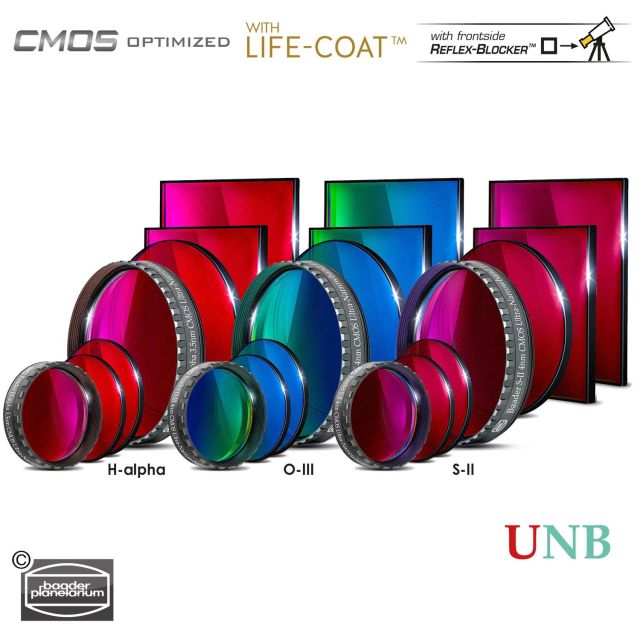 Lot de 3 filtres photo mono-bande SHO : SII + Hα (H-alpha) + OIII 3,5nm~4nm UNB standard - 50x50mm carré non monté - Baader 43d. Filtres narrowband H-alpha O-III ou S-II